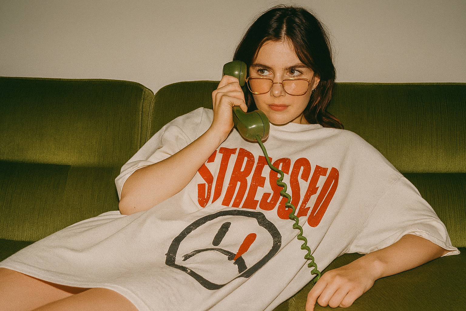 Person wearing a 'STRESSED' shirt on a green couch holding a green phone.
