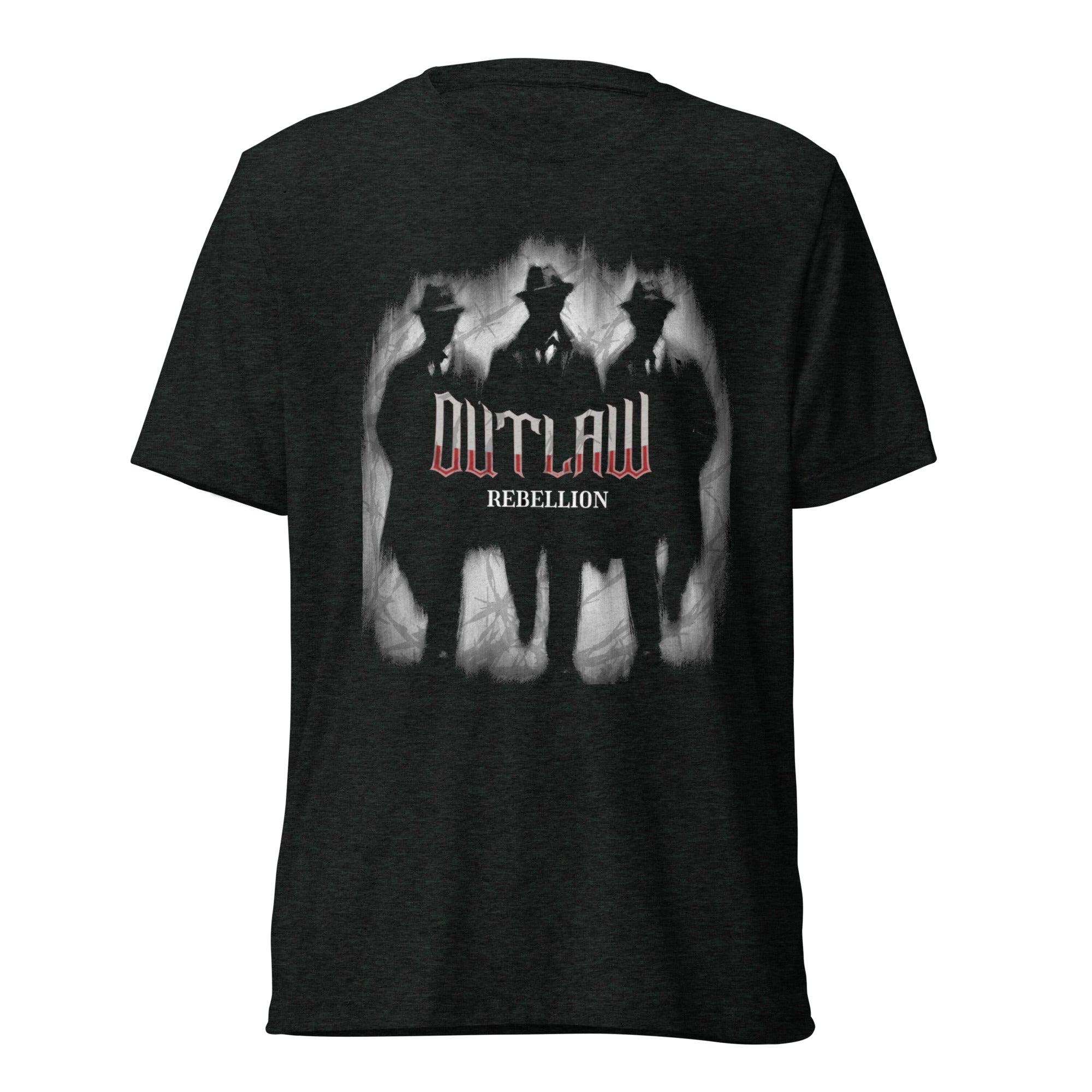 NETRO Outlaw Rebellion graphic streetwear t-shirt with shadowed figures and red-white gothic lettering