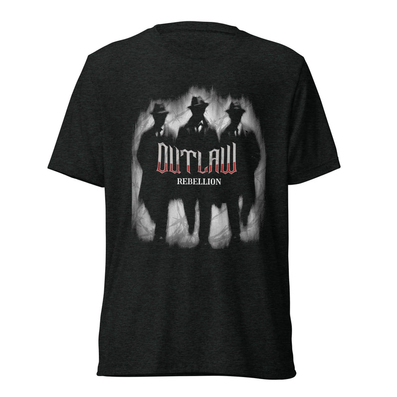 NETRO Outlaw Rebellion graphic streetwear t-shirt with shadowed figures and red-white gothic lettering