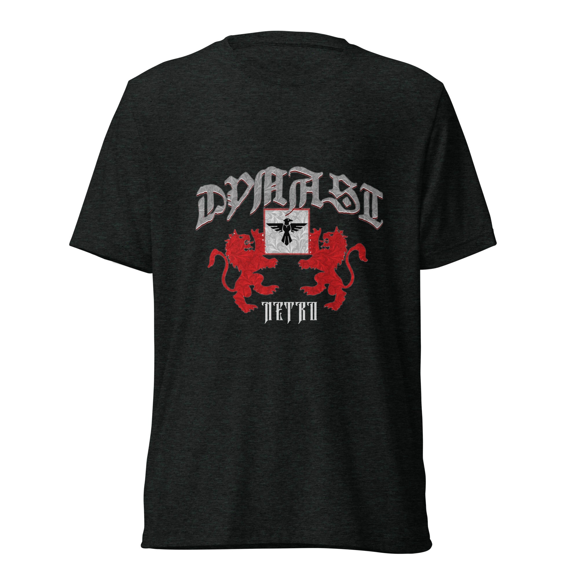 NETRO Dynast heraldic graphic t-shirt with crimson lions and silver gothic lettering
