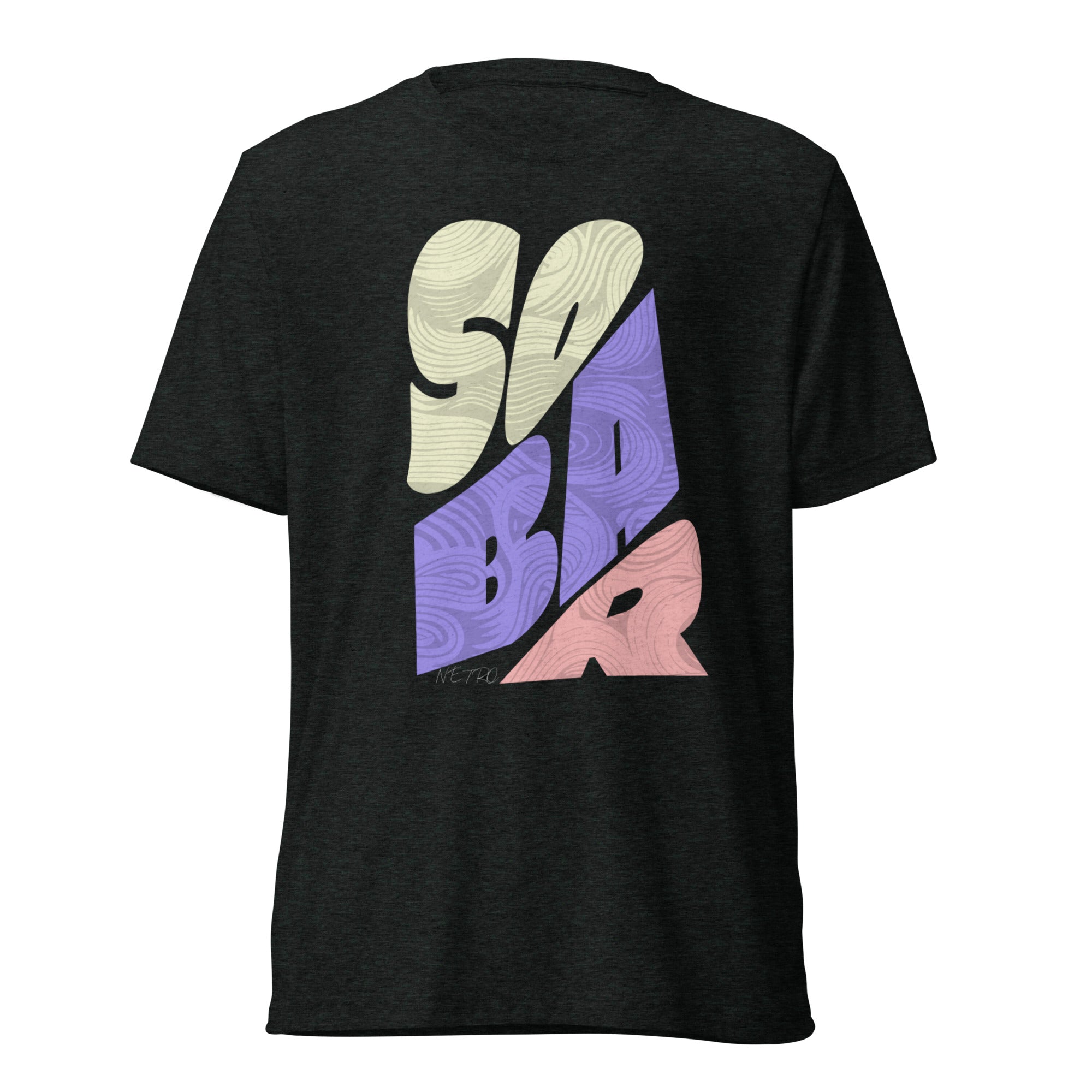 NETRO SOBAR abstract graphic streetwear t-shirt with lavender and rose wave typography