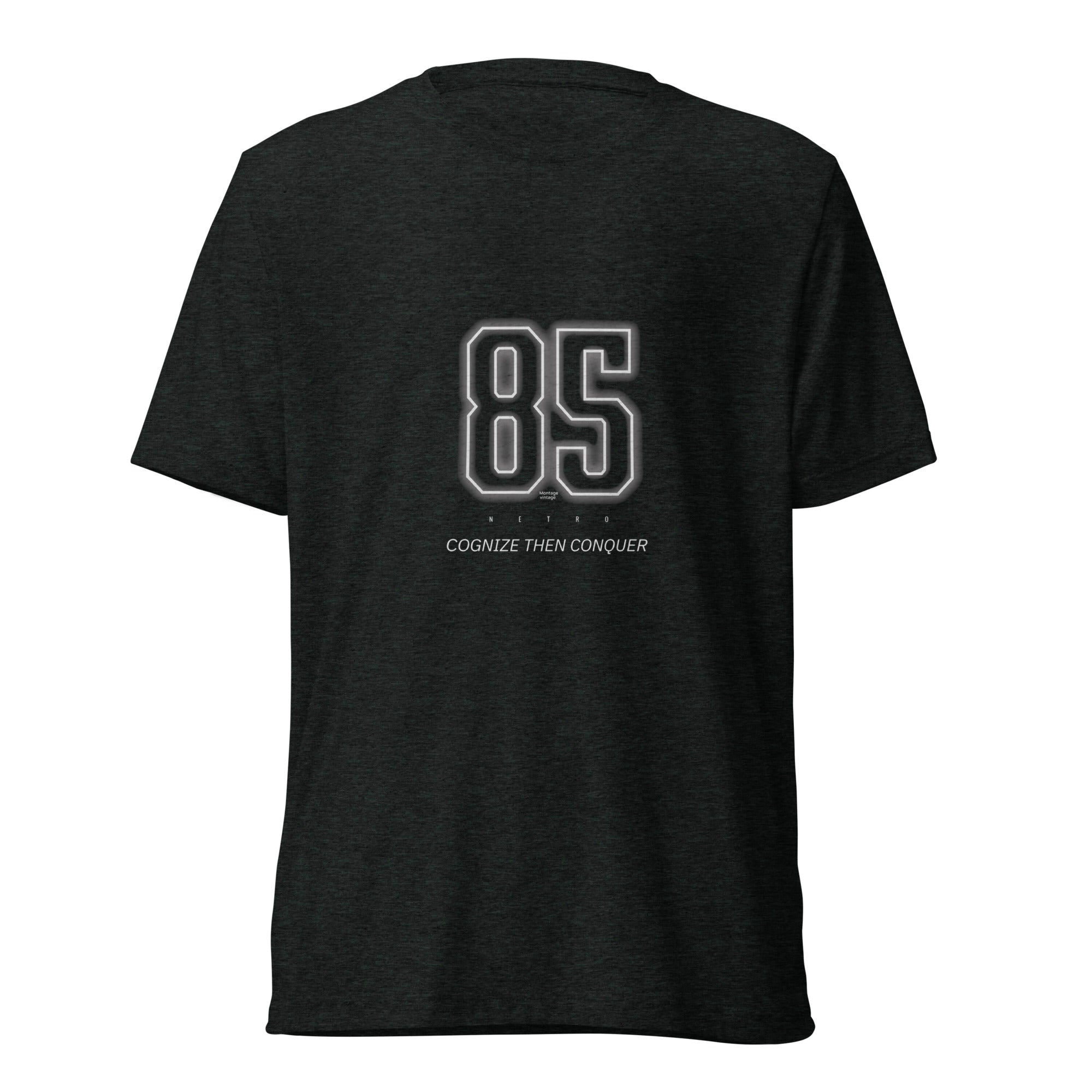 NETRO-85 original graphic t-shirt with Cognize Then Conquer slogan and glowing 85 design