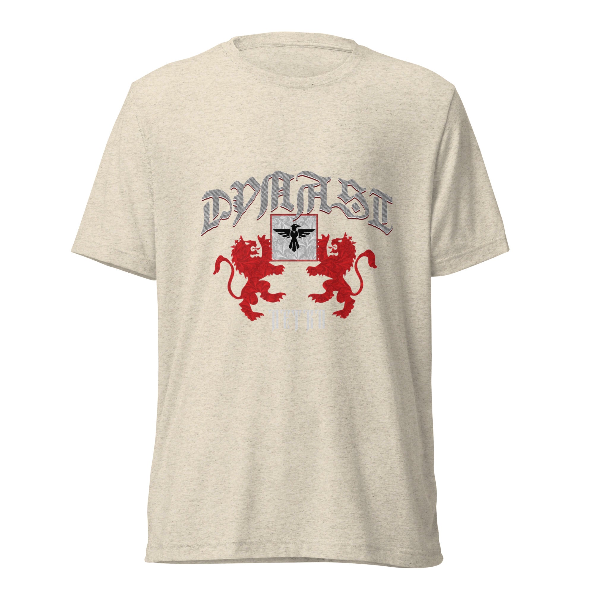 NETRO Dynast heraldic graphic t-shirt with crimson lions and silver gothic lettering