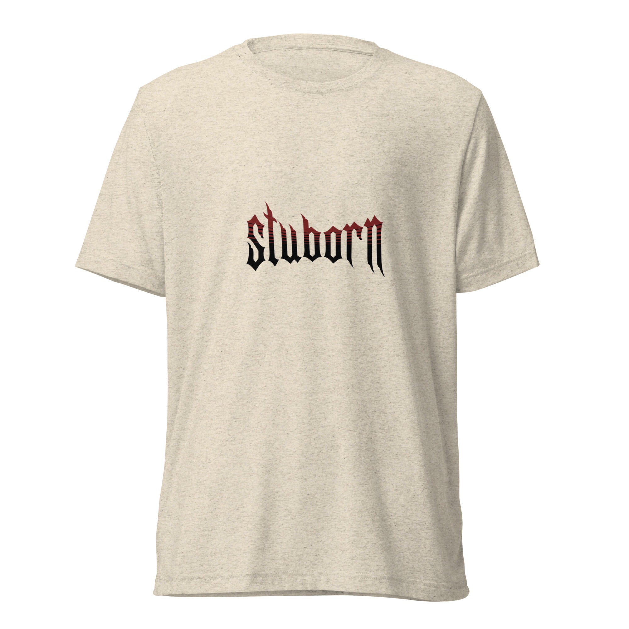 NETRO Stuborn gothic graphic streetwear t-shirt with red strobe effect on heather white cotton