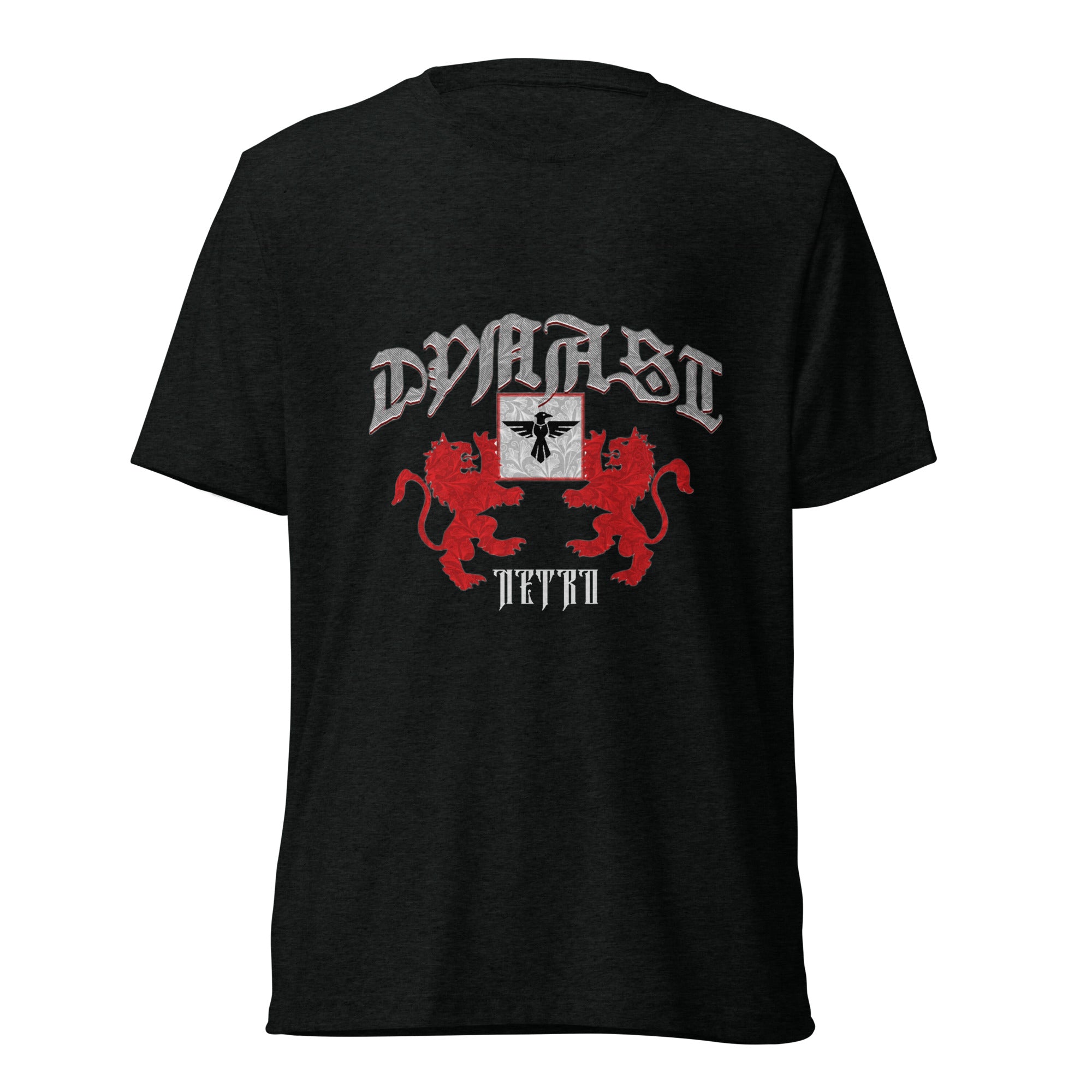 NETRO Dynast heraldic graphic t-shirt with crimson lions and silver gothic lettering