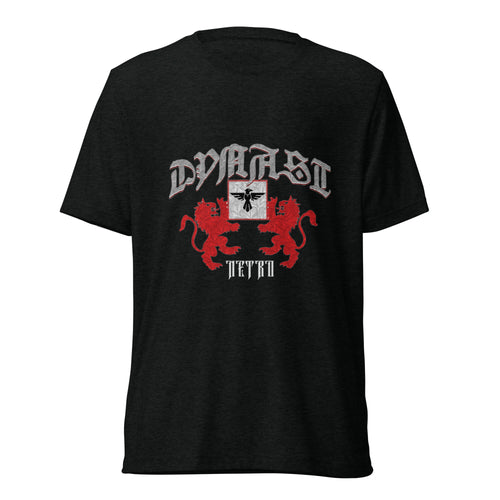 NETRO Dynast heraldic graphic t-shirt with crimson lions and silver gothic lettering