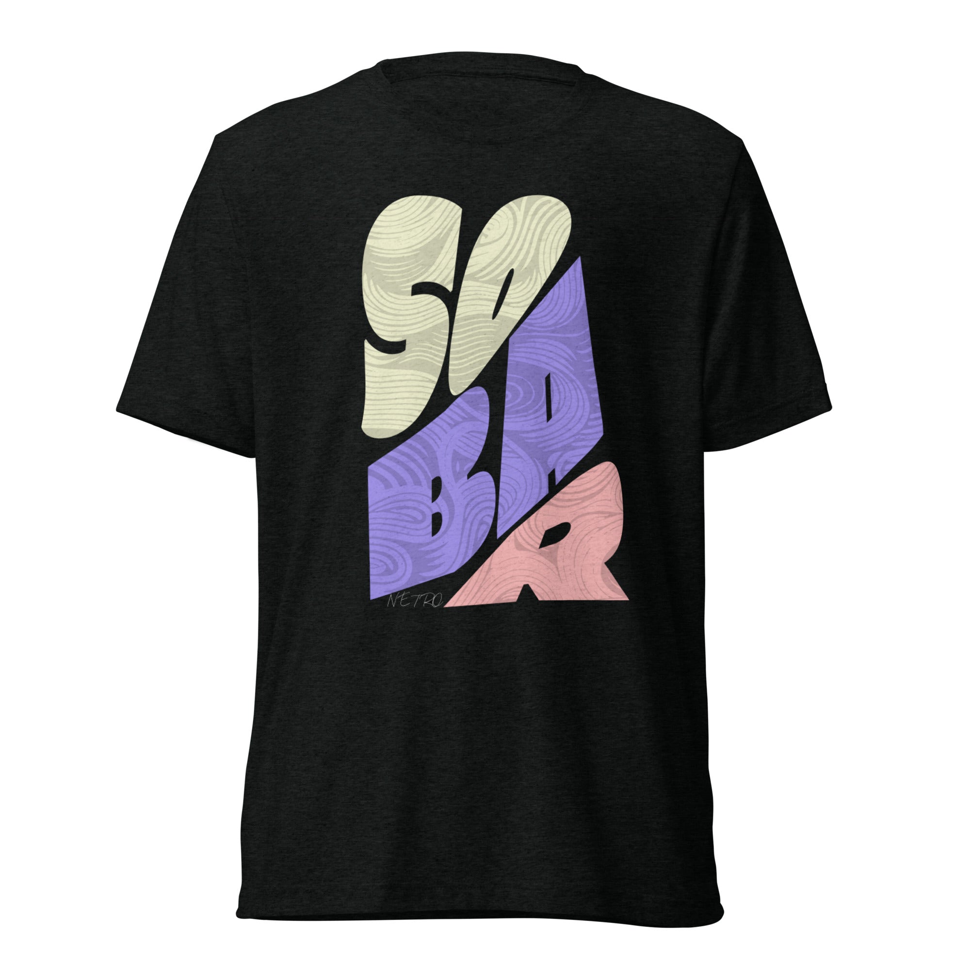 NETRO SOBAR abstract graphic streetwear t-shirt with lavender and rose wave typography