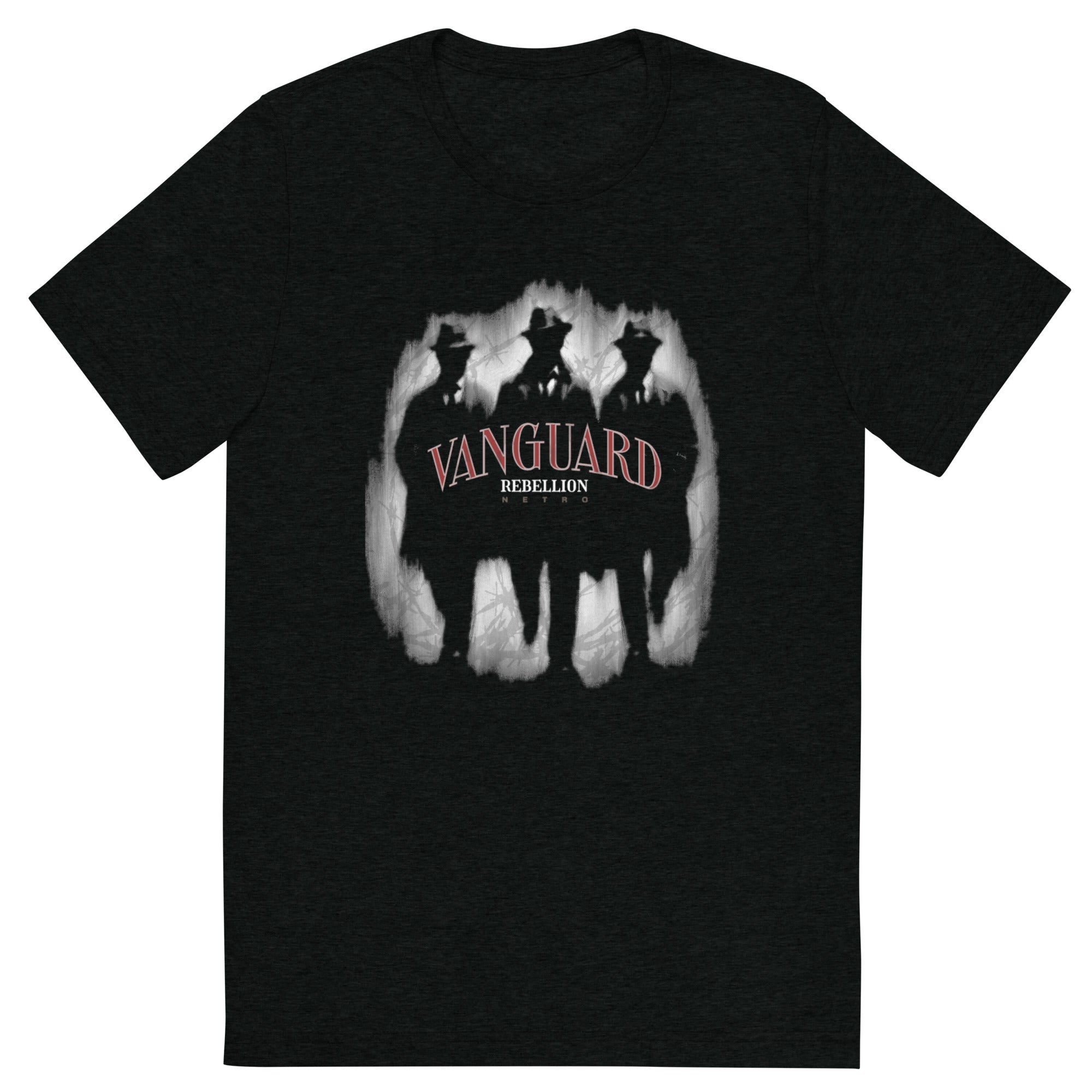 NETRO Vanguard Rebellion graphic streetwear t-shirt with shadowed figures and red typography