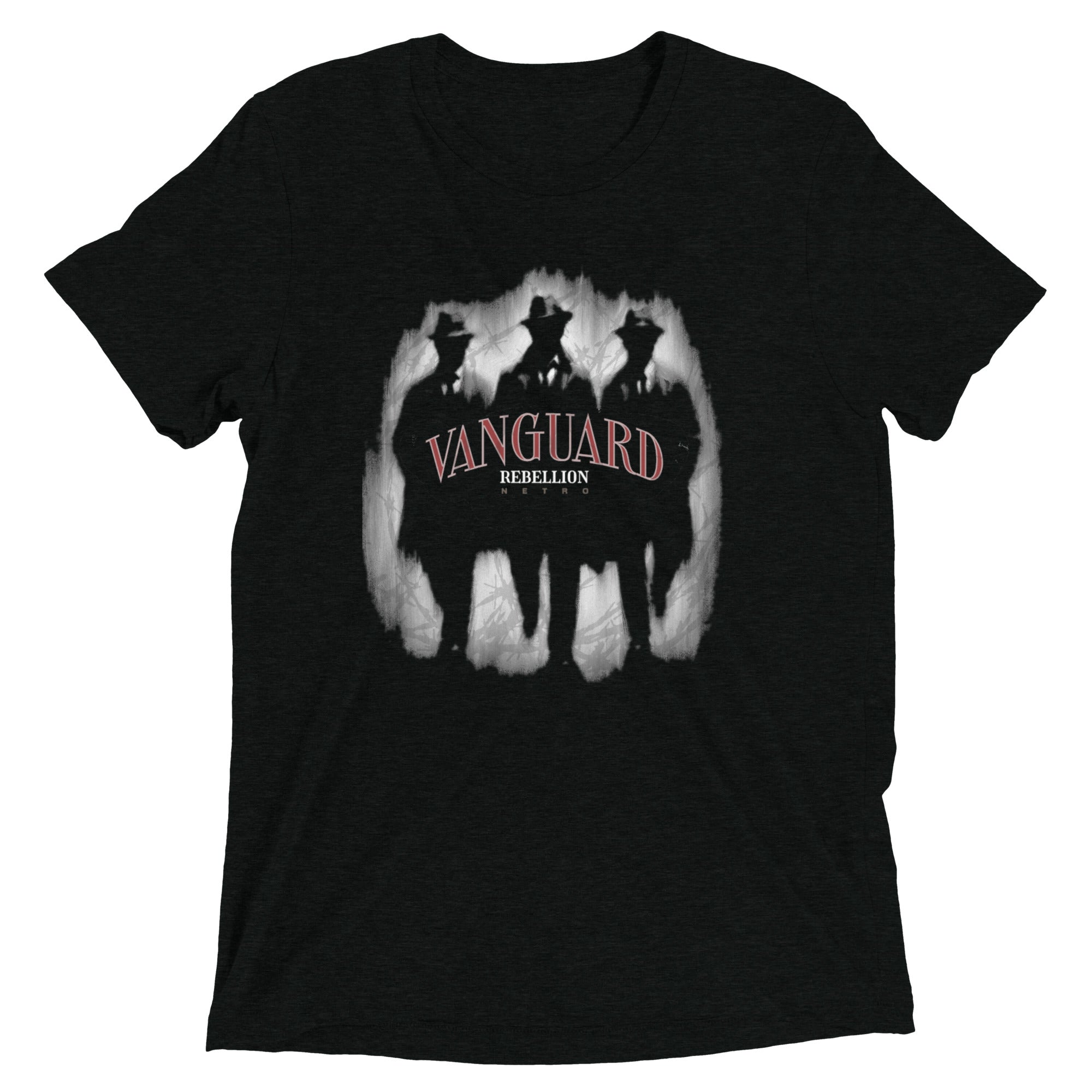 NETRO Vanguard Rebellion graphic streetwear t-shirt with shadowed figures and red typography
