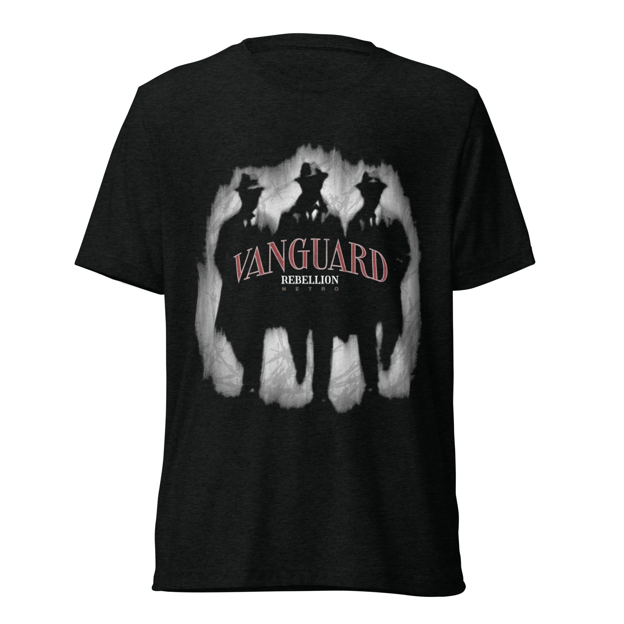 NETRO Vanguard Rebellion graphic streetwear t-shirt with shadowed figures and red typography