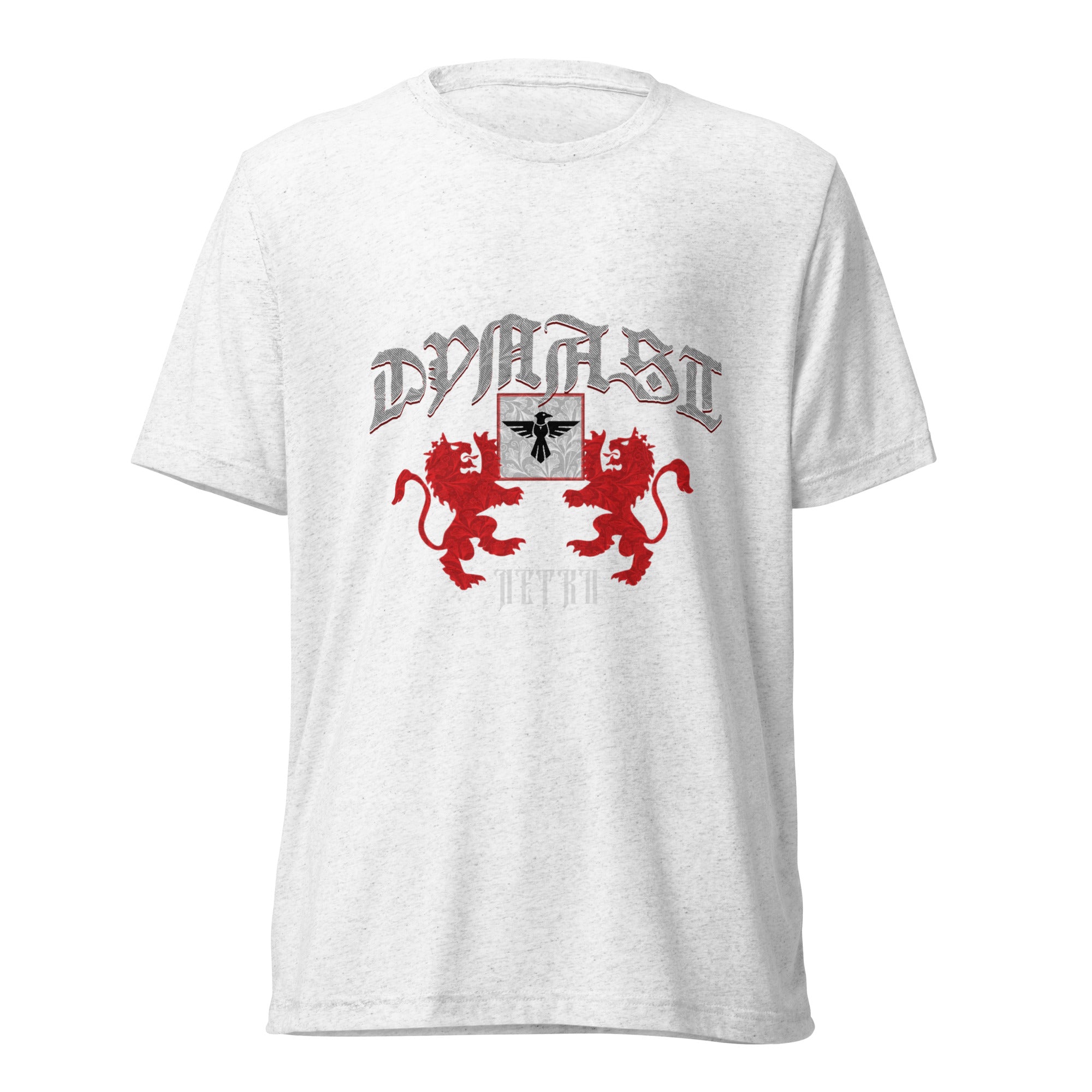 NETRO Dynast heraldic graphic t-shirt with crimson lions and silver gothic lettering