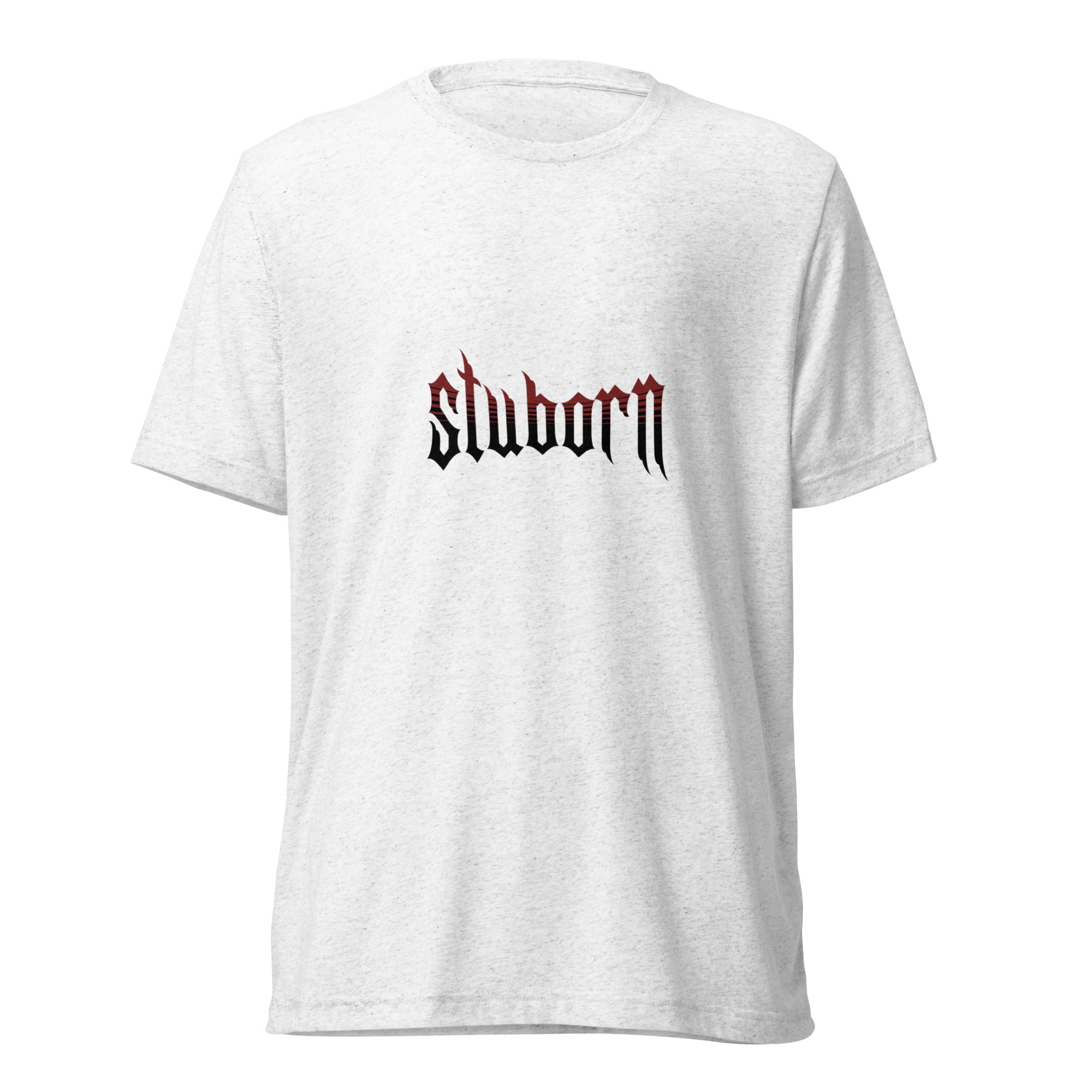 NETRO Stuborn gothic graphic streetwear t-shirt with red strobe effect on heather white cotton