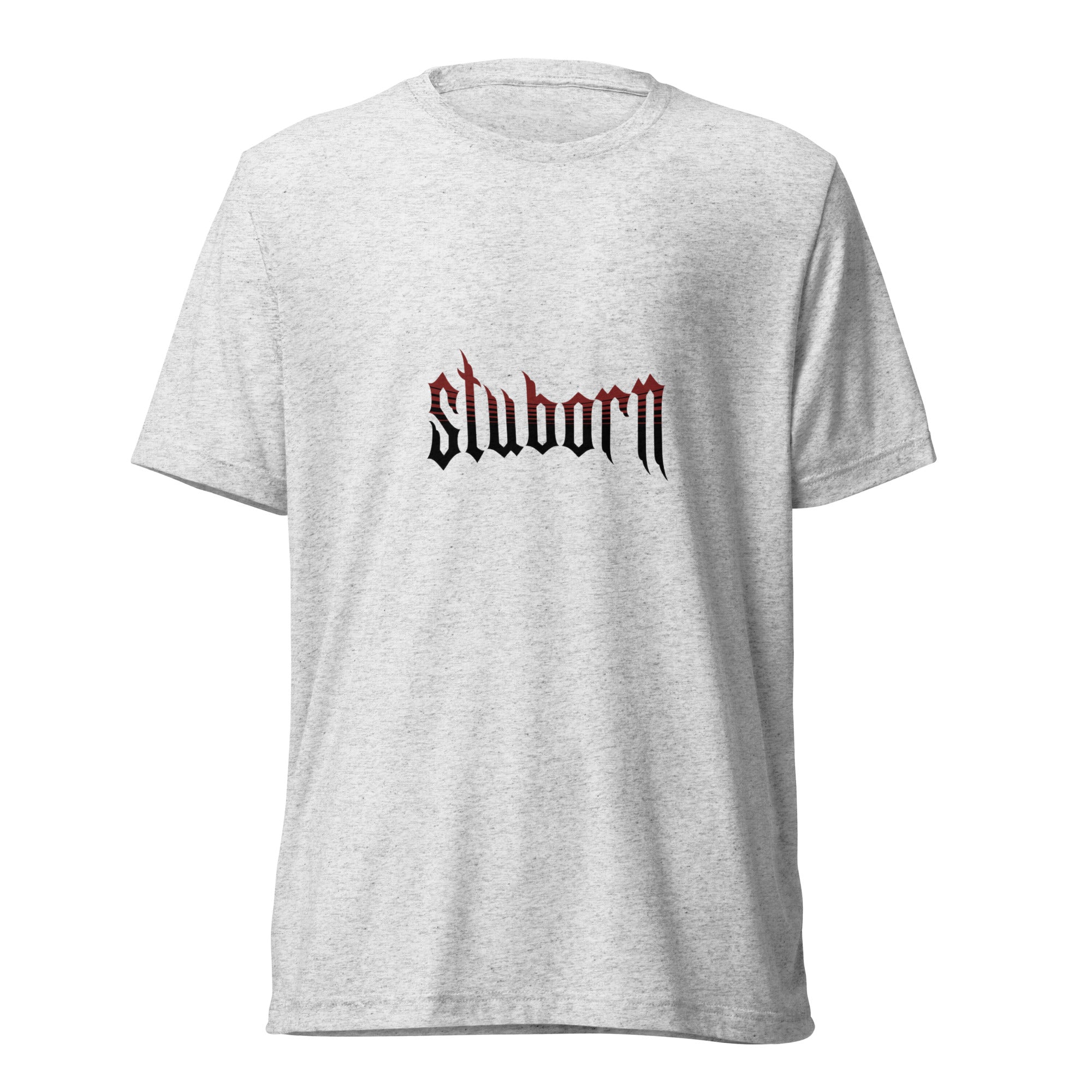 NETRO Stuborn gothic graphic streetwear t-shirt with red strobe effect on heather white cotton